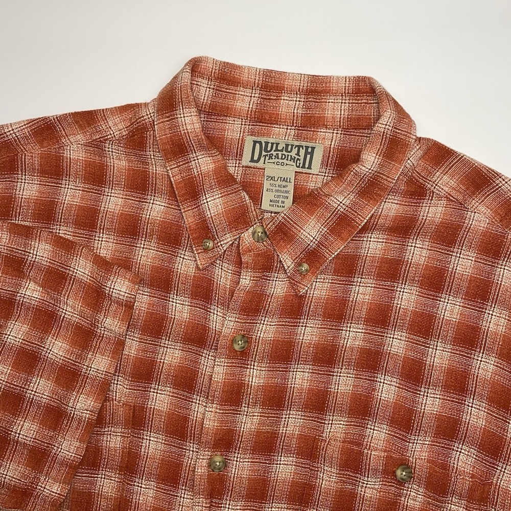 Duluth Trading Hemp Shirt Mens 2XLT Tall Orange Plaid Short Sleeve Organic